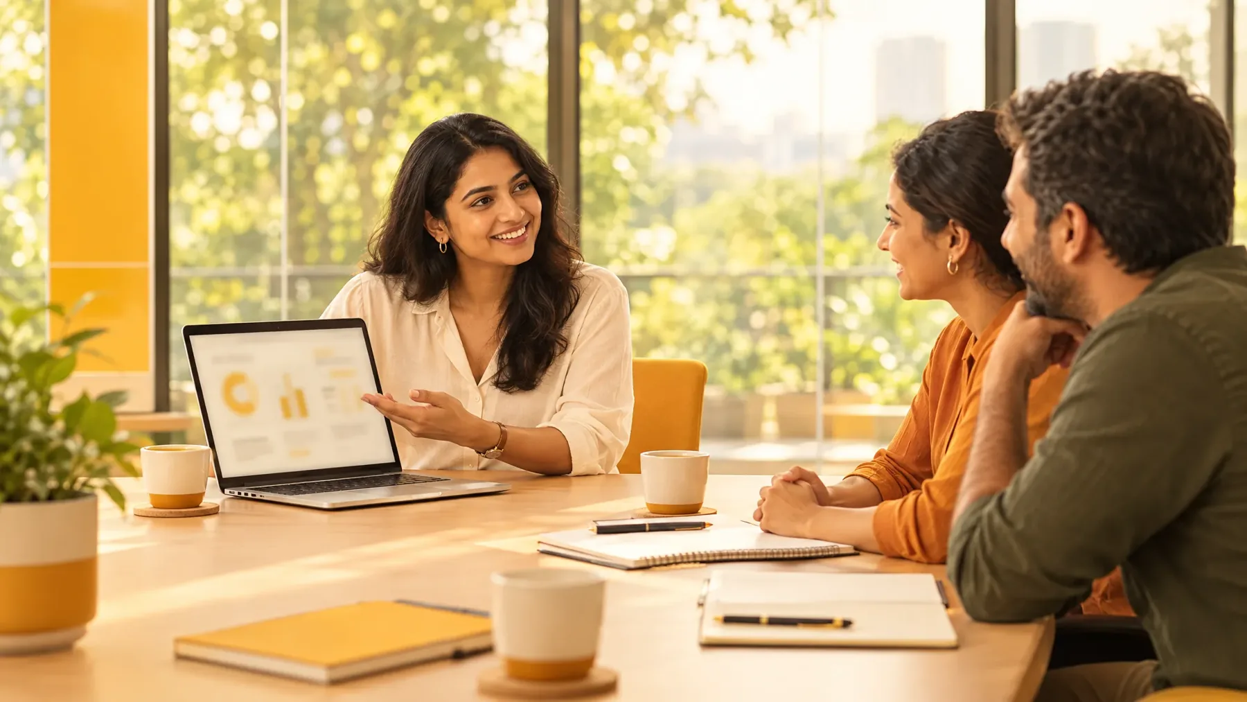 Strategist presenting a growth plan to two business owners