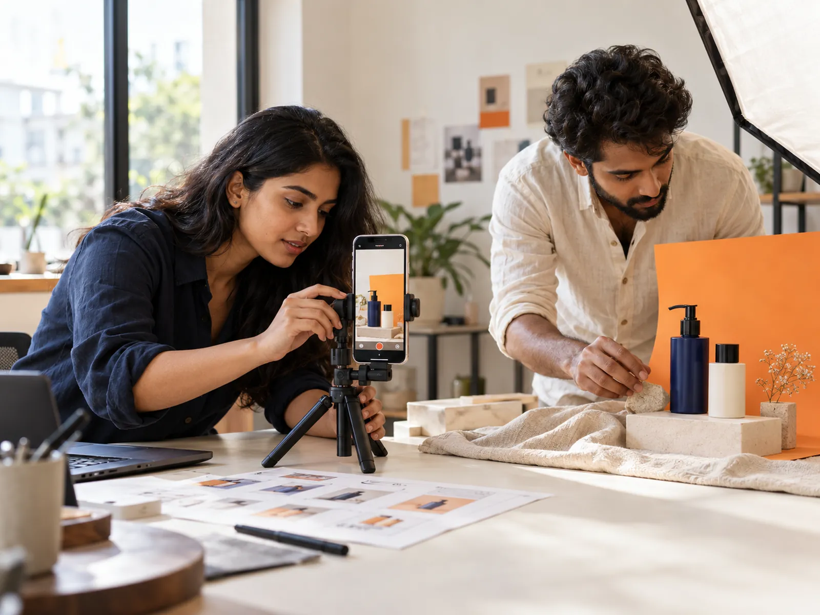 Two people filming a skincare product on a phone against an orange backdrop