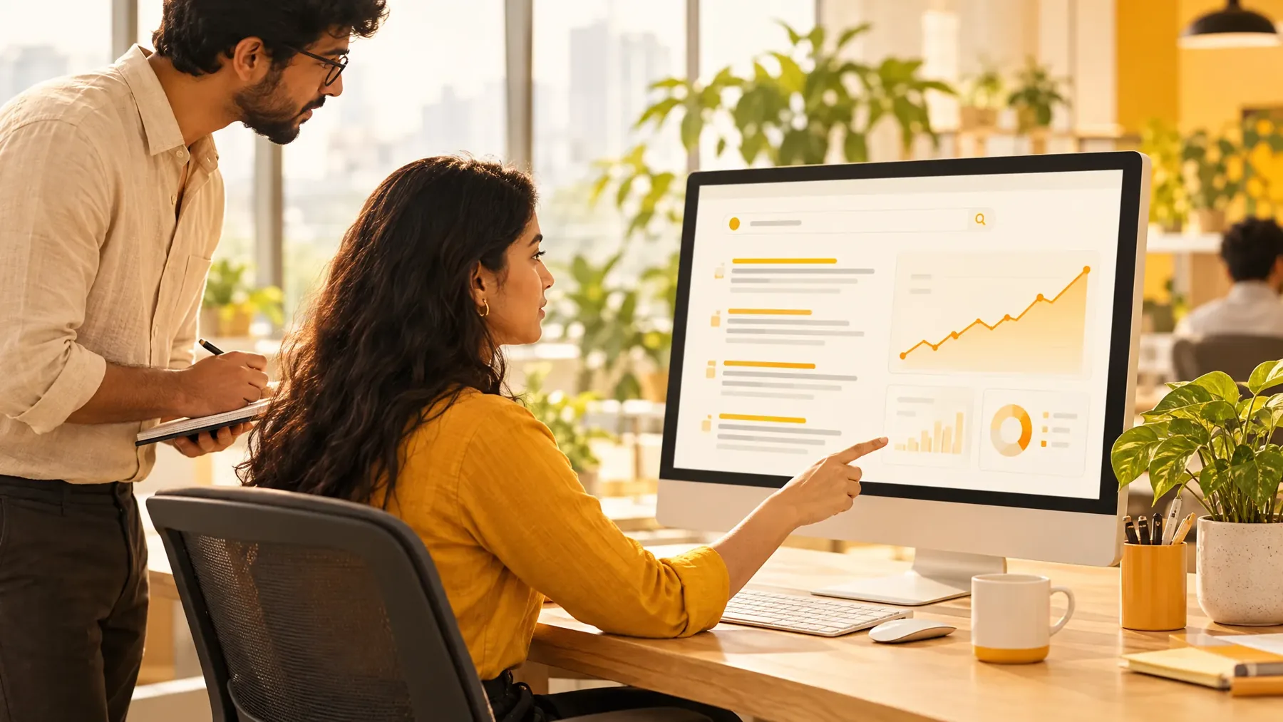 SEO strategists reviewing search rankings and a rising traffic graph